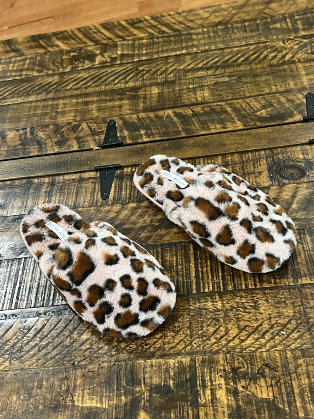 Laura Ashley Leopard Print Fuzzy Slide Slippers - pink Brown & Cream
